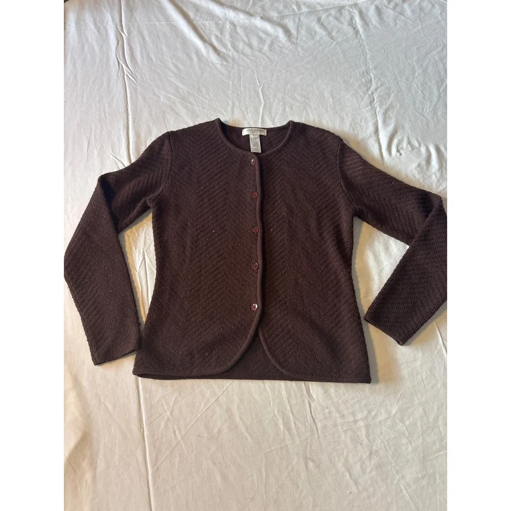 Jones New York Cardigan Petite PP Brown Excellent Metallic Chevron‎ Knit Sweater